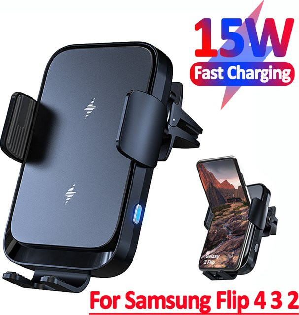 VIKEFON Drahtloses Autoladegerät mit Dual Coil als Schnellladestation für Samsung Galaxy Z Flip, S22, S21 und iPhone 14, 13 in Schwarz - Bild 1