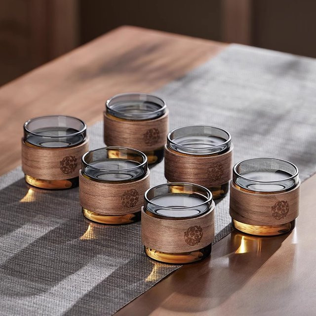 YWDL Teebecher Set aus hitzebeständigem Glas mit Holzhalter, 6 Stück, transparent, 150 ml pro Becher - Bild 1
