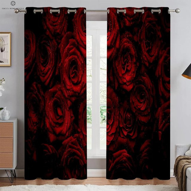 Yiran Furniture Rosenblüten Vorhang Set aus 2 Paneelen, halbtransparentes Floral Design, Polyester, B: 100 cm, H: 130 cm - Bild 1