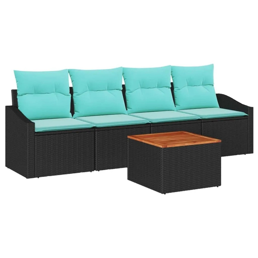 vidaXL Gartensofa-Set aus Poly-Rattan und Akazienholz in Schwarz mit Kissen, 5-teilig - Bild 2