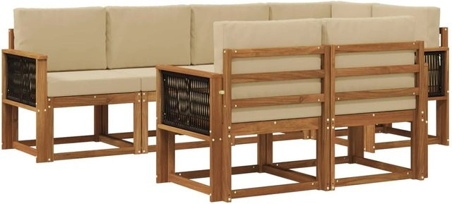 vidaXL Outdoor-Sofagarnitur L-Form aus Akazienholz mit 7 Kissen in Beige und Natur - Bild 1