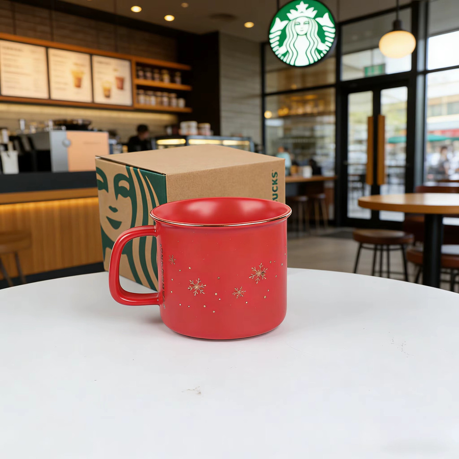 Starbucks Limited Christmas Keramikbecher in Rot mit Schneeflockenmuster und Bronzeabzeichen - Bild 4