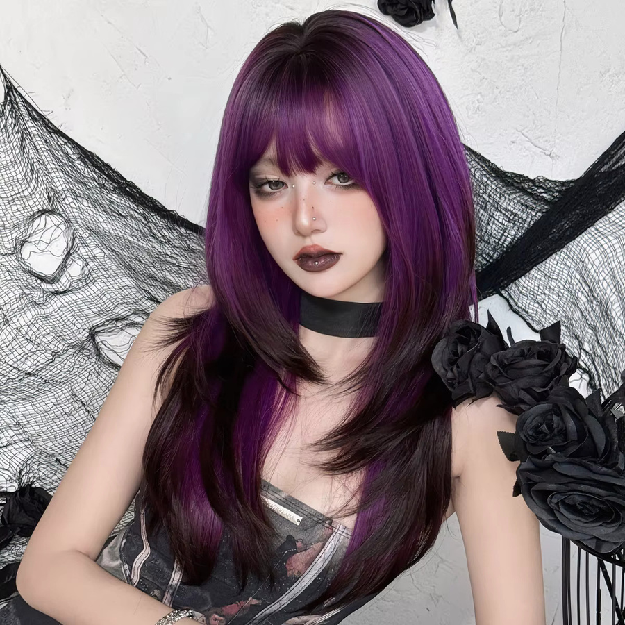 7JHH WIGS Perücke Damen, schwarz-lila Ombré, synthetisch, hitzebeständig - Bild 3