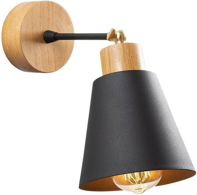 Opviq Wandleuchte Manavgat in Schwarz und Eiche aus Metall und Holz mit E27 Fassung, B/H/T: 14 x 25 x 14 cm - Bild 1