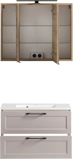 Held Möbel Waschtisch-Set Padua 2-tlg. in Kaschmir und Wotaneiche mit Mineralgussbecken und Spiegelschrank, Breite: 80 cm - Bild 1