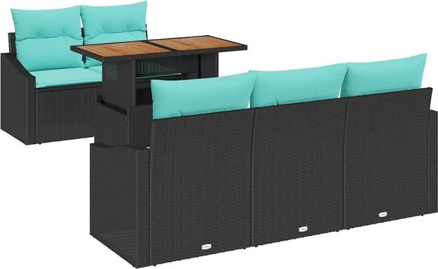 vidaXL Garten Essgruppe 6-teilig aus Poly-Rattan, Stahl und Akazienholz in Schwarz und Türkis mit Kissen - Bild 1