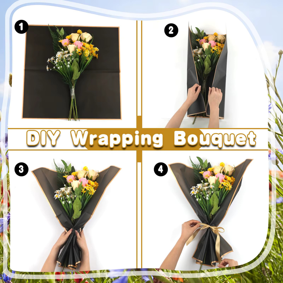 20 Blatt wasserfestes Blumen-Geschenkpapier in Schwarz mit goldenen Kanten für koreanische Blumenstrauß-Verpackungen und DIY-Projekte - Bild 5