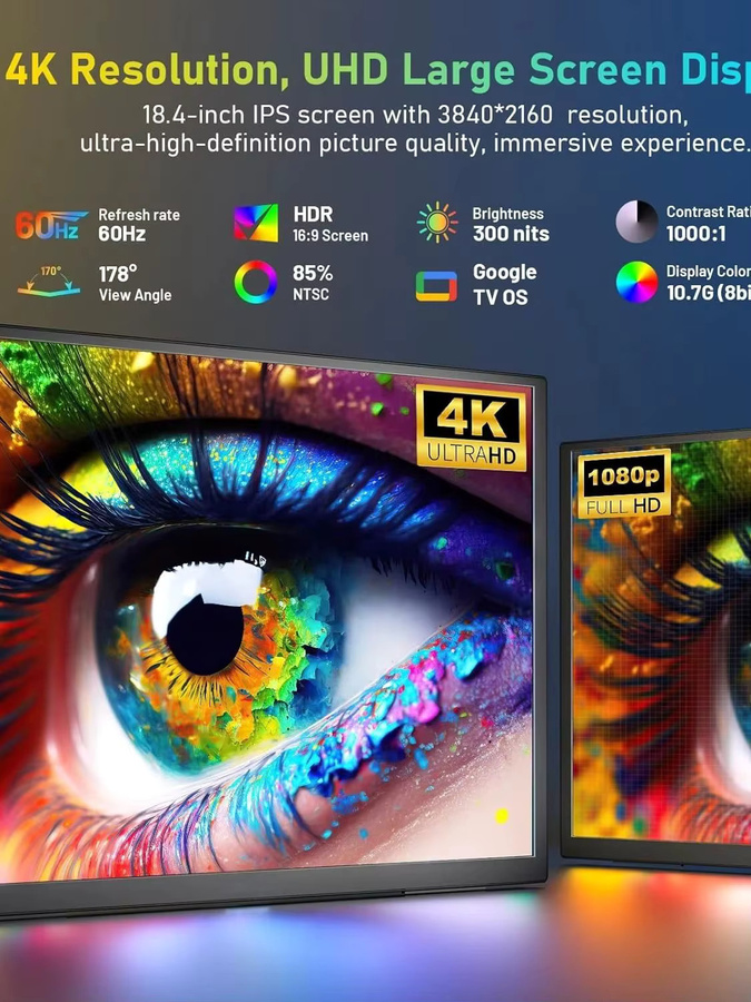 UPERFECT QLED Tragbarer Monitor 18.4 Zoll 4K UHD 60Hz 100% sRGB Schwarz mit USB-C und HDMI für Gaming und Home Office - Bild 4