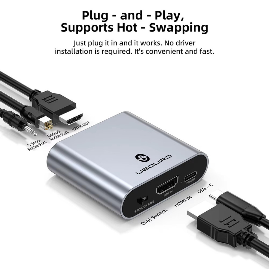 UGOURD HDMI Audio Extractor 4K UHD Stereo Audio Konverter mit 3,5mm Klinkenanschluss für PS4, TV und DVD - Bild 2