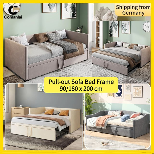 Comanlai Ausziehbares Schlafsofa aus Samt in Grau mit Lattenrost, platzsparendes Einzelbett und Doppelbett, B/T/H: 90 x 200 x 74 cm - Bild 1