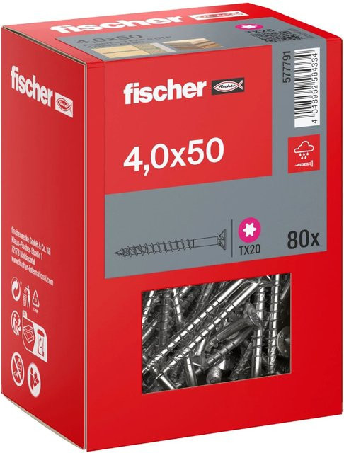 Fischer PowerFast II A2 Senkkopf Teilgewinde Torx Schraube aus Edelstahl in Silber, Durchmesser: 4 mm, Länge: 50 mm, 80 Stück - Bild 1