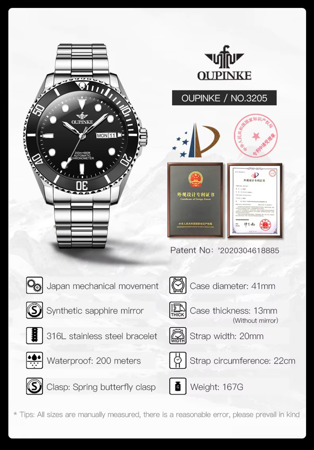 OUPINKE Armbanduhr Automatik, Edelstahl, 20 ATM, Herren, Schwarz, Silber - Bild 6