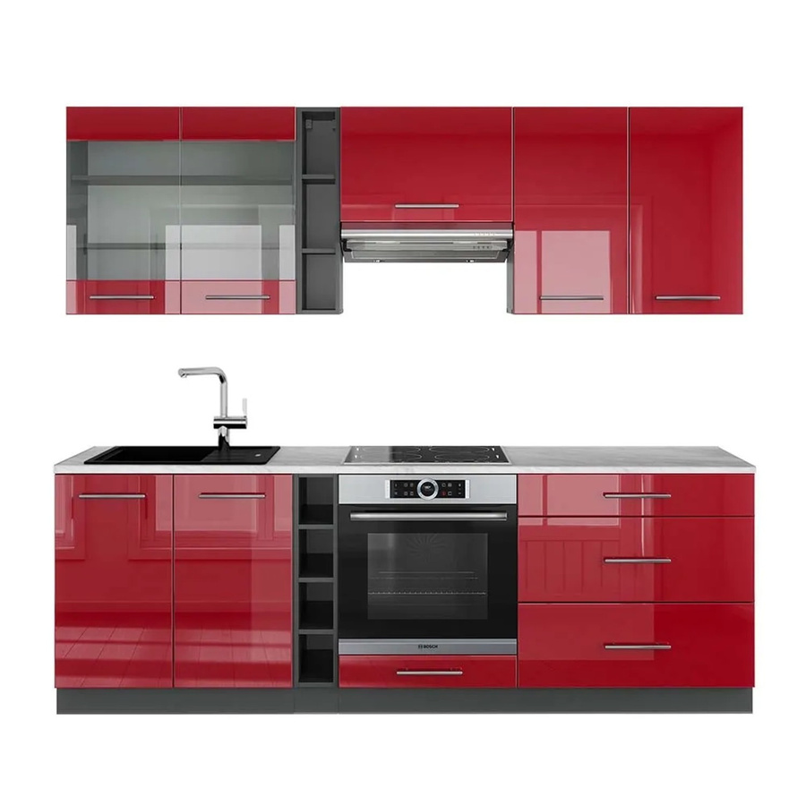 Vicco Fame-Line Küchenzeile Bordeaux Hochglanz und Anthrazit mit Marmor-Optik, Breite: 235 cm - Bild 2