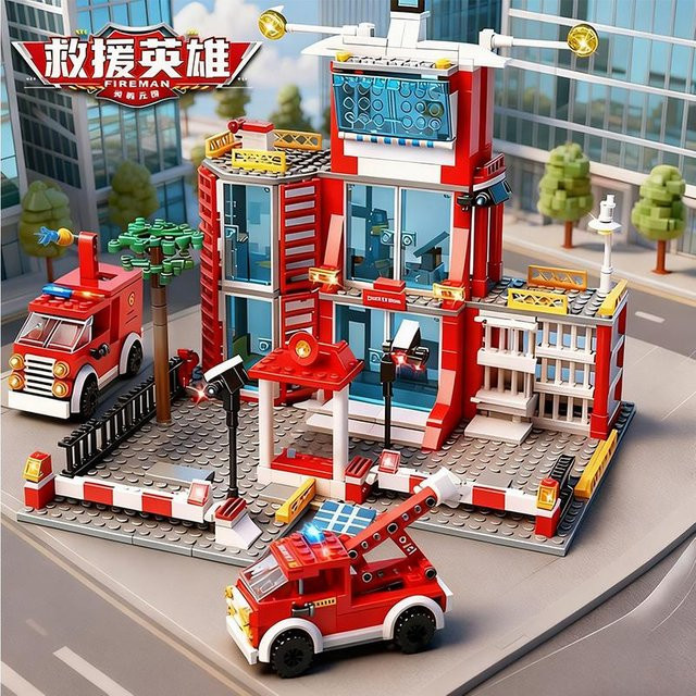Stadtarchitektur Bausteine, Polizeistation, Feuerwehrstation, Feuerwehrauto, ab 6 Jahre - Bild 1