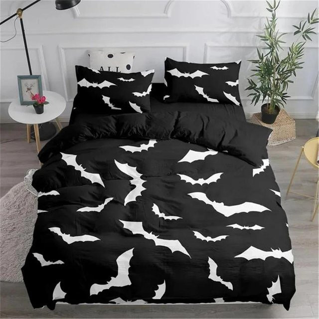 Halloween Bettwäsche Set mit Vampirfledermäusen in Schwarz, 3-teiliges Microfaser-Bettwäsche-Set mit 3D-Druck, B/H: 140 x 200 cm - Bild 1