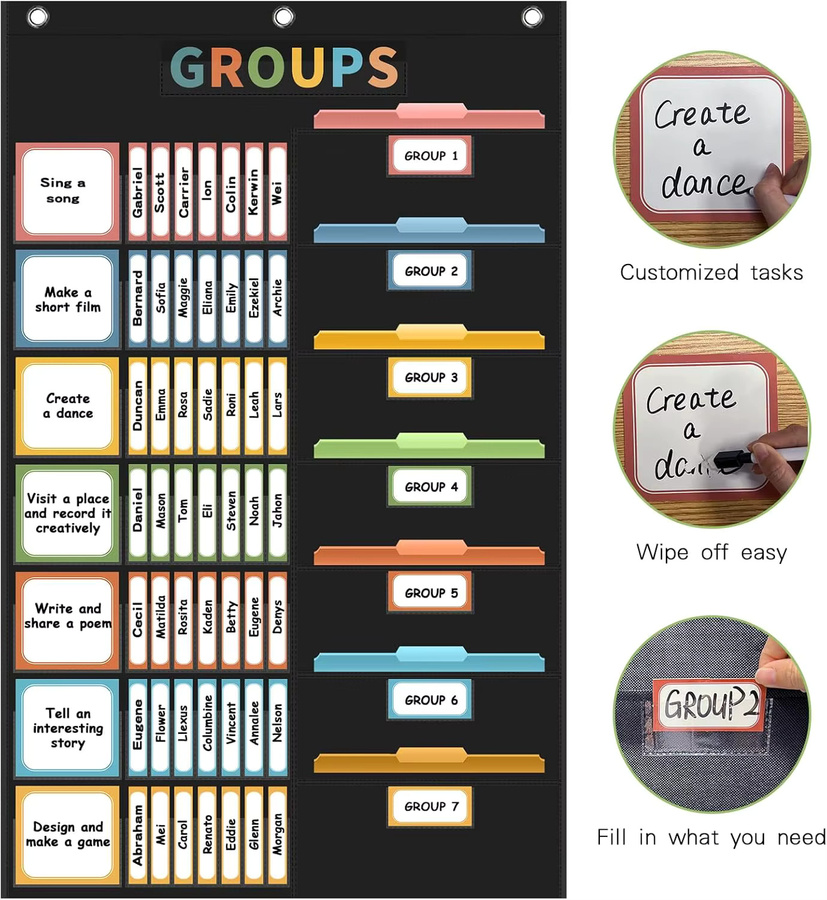 114-Karten-Taschendiagramm zur Organisation von Kleingruppen und Klassenzimmer-Management, pädagogisches Lernzubehör in Schwarz und Multicolour - Bild 2