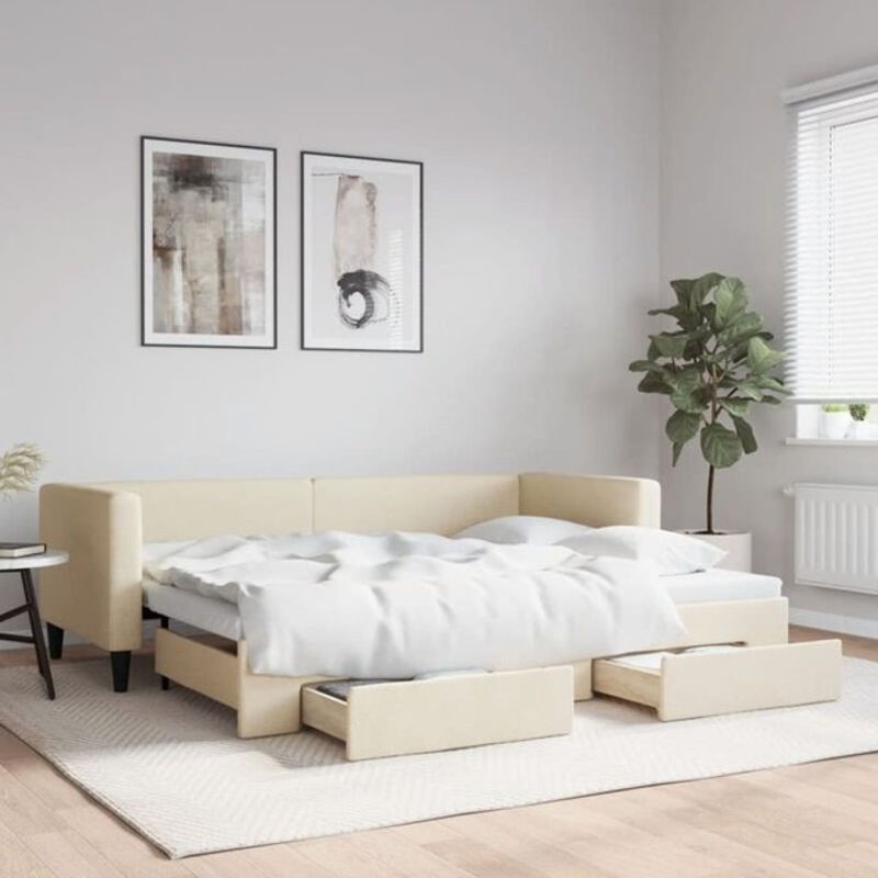 Ausziehbares Funktionsbett Vidaxl mit Schubladen in Beige aus Stoff und Metall, B: 80 cm, L: 200 cm - Bild 1