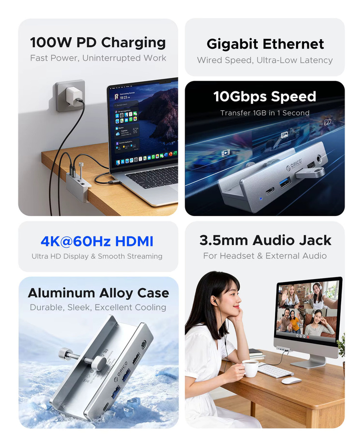 ORICO 8-in-1 USB-C Aluminium Clip-Hub in Silber mit 10Gbps Hochgeschwindigkeits-Datenübertragung und externer Stromversorgung für Mac und PC - Bild 4