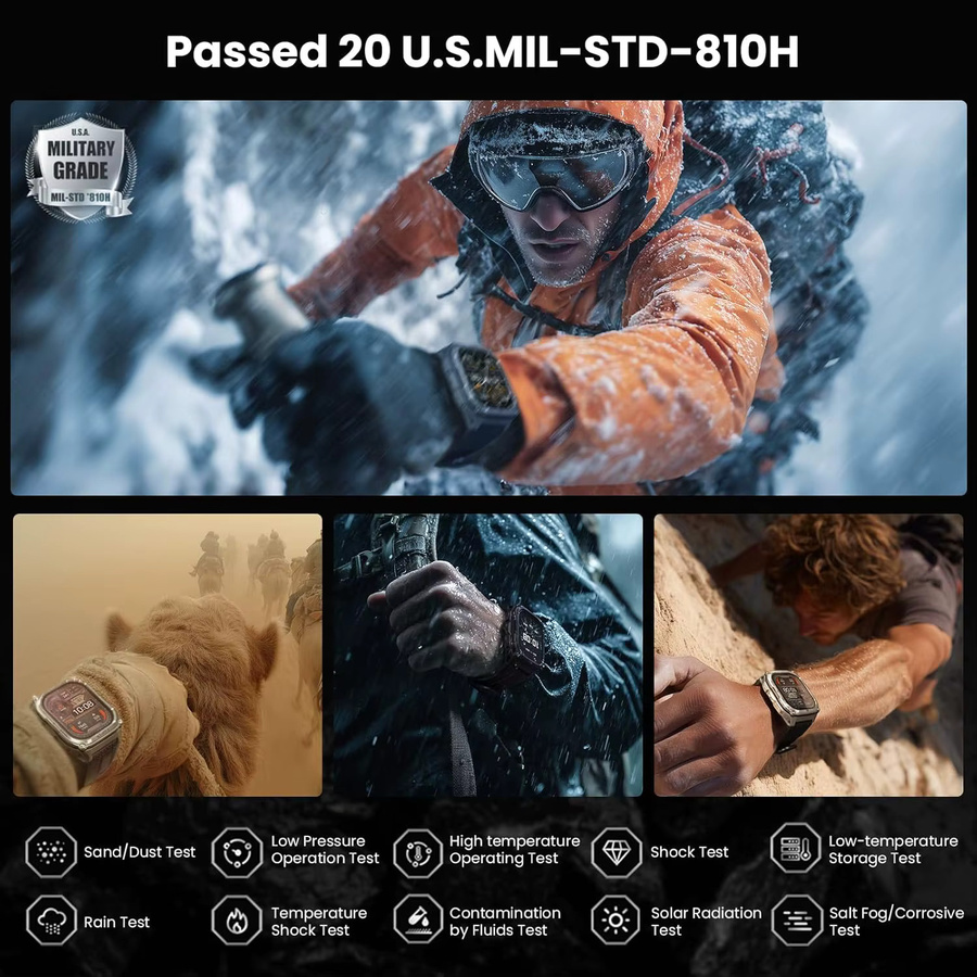 GUHUAVMI Militär Outdoor Smartwatch für Männer mit 2,01 Zoll Display, 1400 mAh Akku, 10ATM Wasserdichtigkeit und Bluetooth Anruffunktion, Schwarz - Bild 4
