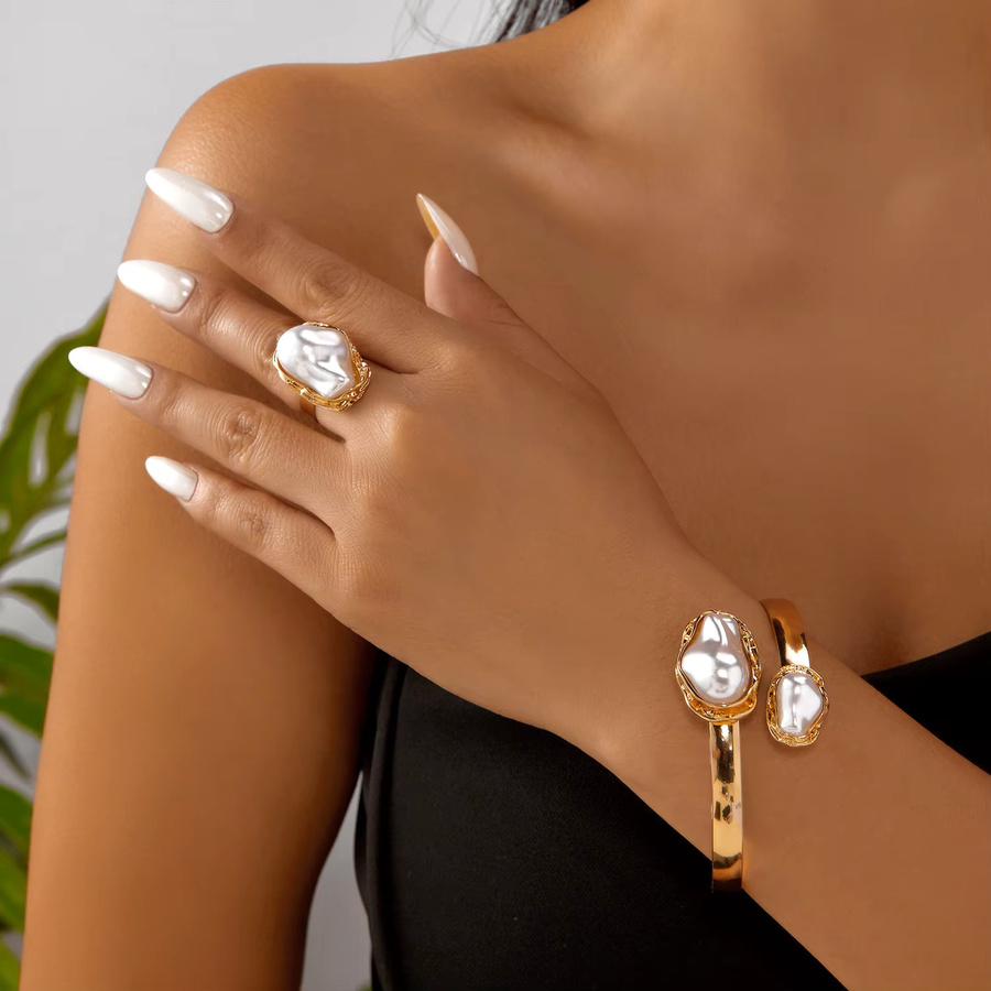 RINHOO FRIENDSHIP Schmuck-Set, Halskette, Armreif, Ring, Ohrringe, Goldfarben, Perle, Messing, Damen - Bild 2