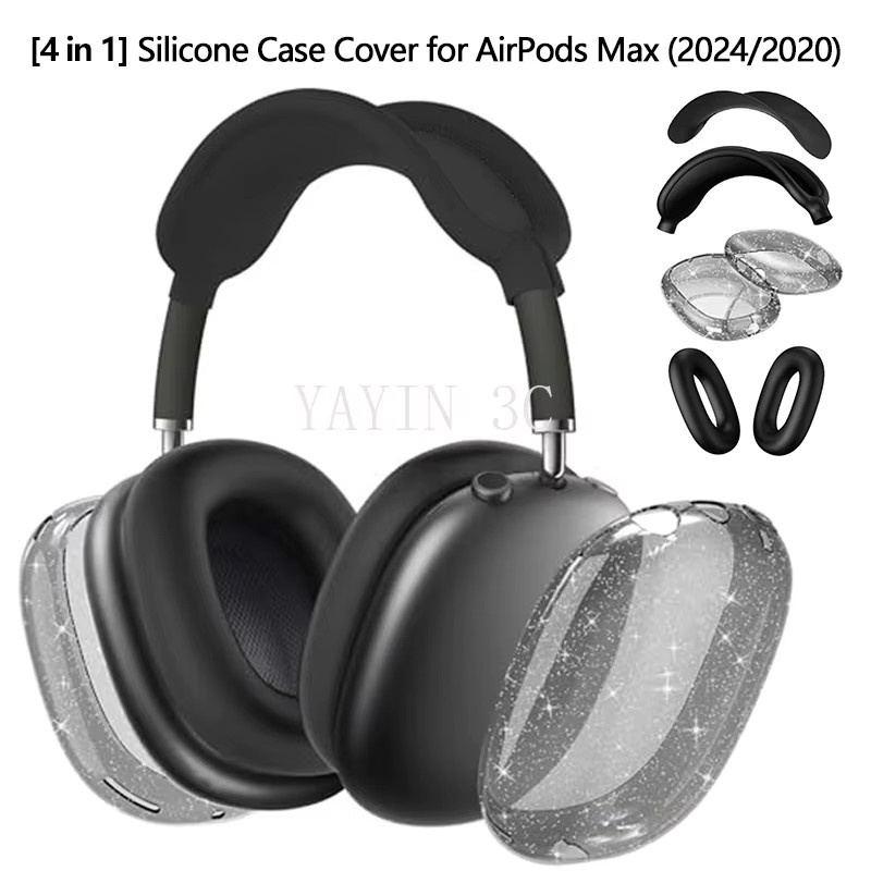 Transparente 4-in-1 Schutzhülle aus Silikon und TPU für Apple AirPods Max in Violett mit stoßfesten Ohrpolstern und 360 Grad Rundumschutz - Bild 2