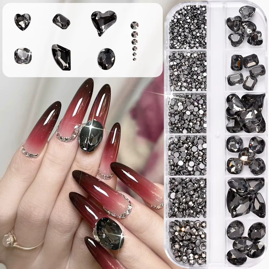 Nail Art Strasssteine Schwarz, Glänzend, Herz Runde Quadratische Steine - Bild 2