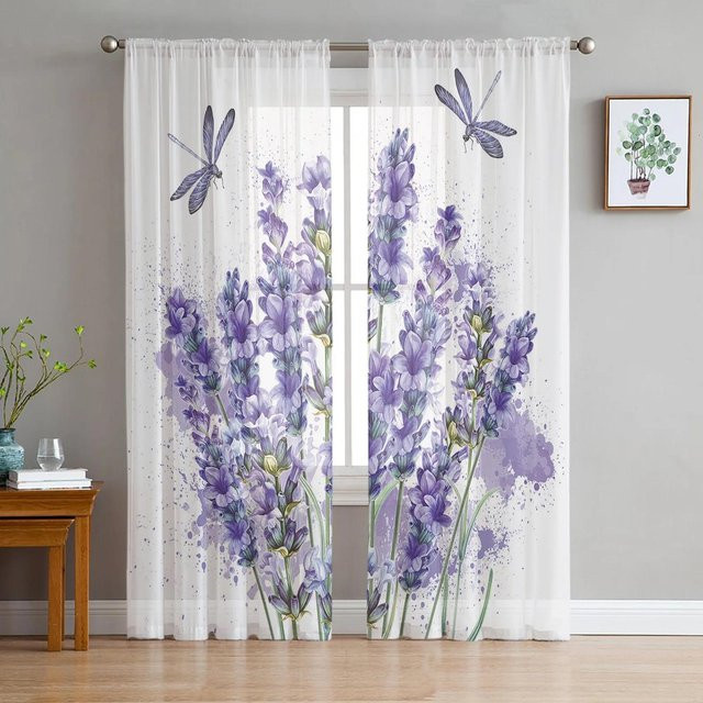 Yiran Furniture Transparentes Voile-Gardinen Set mit Blumen Lavendel und Schmetterling in Lila, Breite: 135 cm, Höhe: 115 cm - Bild 1