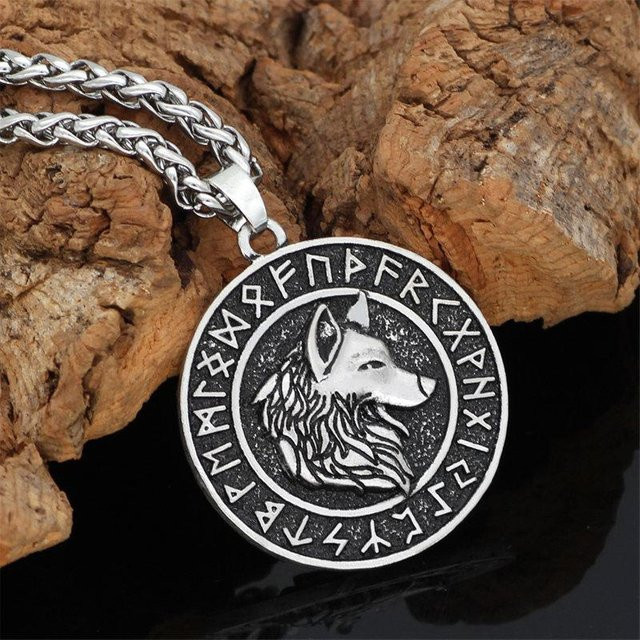Viking Odin Wolf Medaille Anhänger, Halskette, antik silber, Edelstahl, 60cm, Unisex - Bild 1