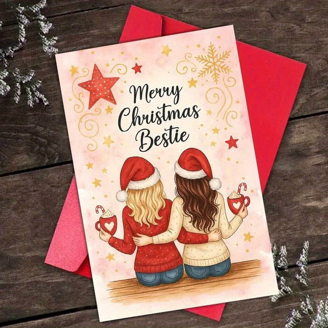 Weihnachtskarte für BFFs und Schwestern mit Zuckerstangen-Design und Sternenhimmel in Roségold und Braun inklusive Umschlag - Bild 1