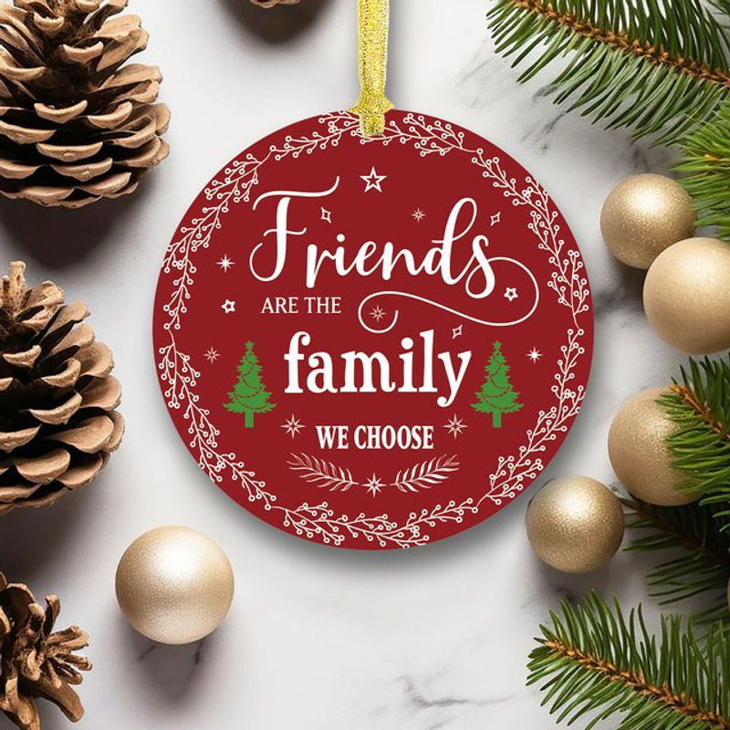 Rotes Freundschafts-Weihnachtsornament aus Kunststoff mit Schriftzug Freunde sind die Familie die wir wählen als Hängedekoration für den Weihnachtsbaum oder das Fenster - Bild 1