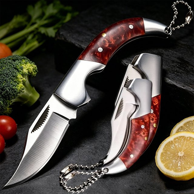 WXCOO Mini Edelstahl Klappmesser mit Kunstharzgriff als Schlüsselanhänger und Obstschälmesser - Bild 1