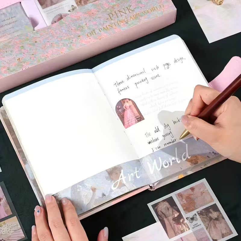 Retro Notizbuch und Tagebuch Set mit Herz-Motiv in Pink, Hardcover mit linierten Seiten aus Papier in der Ölgemälde-Serie - Bild 2