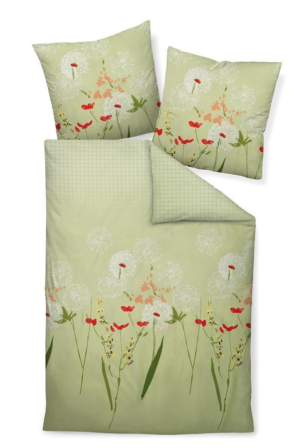 Janine Moments Mako-Satin Bettwäsche Pusteblume Karo Vintage in Grün, Bettbezug 240 x 220 cm und Kissenbezug 80 x 80 cm - Bild 1