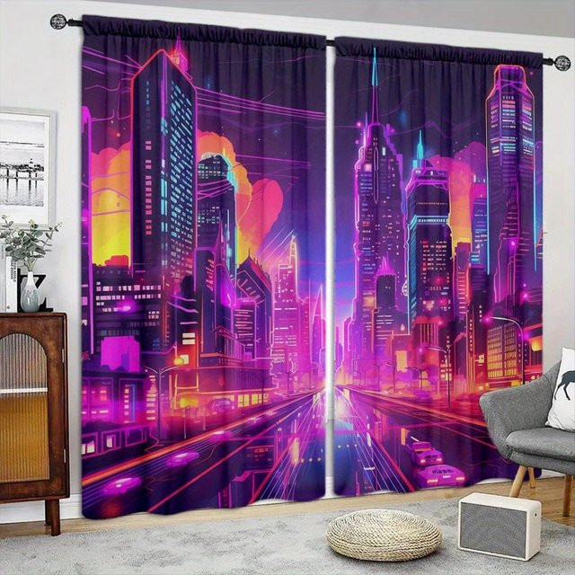 Zukunftsstadt Gemälde Vorhang aus Polyester für Wohnzimmer Küche und Schlafzimmer, Multicolor, Breite: 100 cm, Höhe: 70 cm, 2er-Set - Bild 1