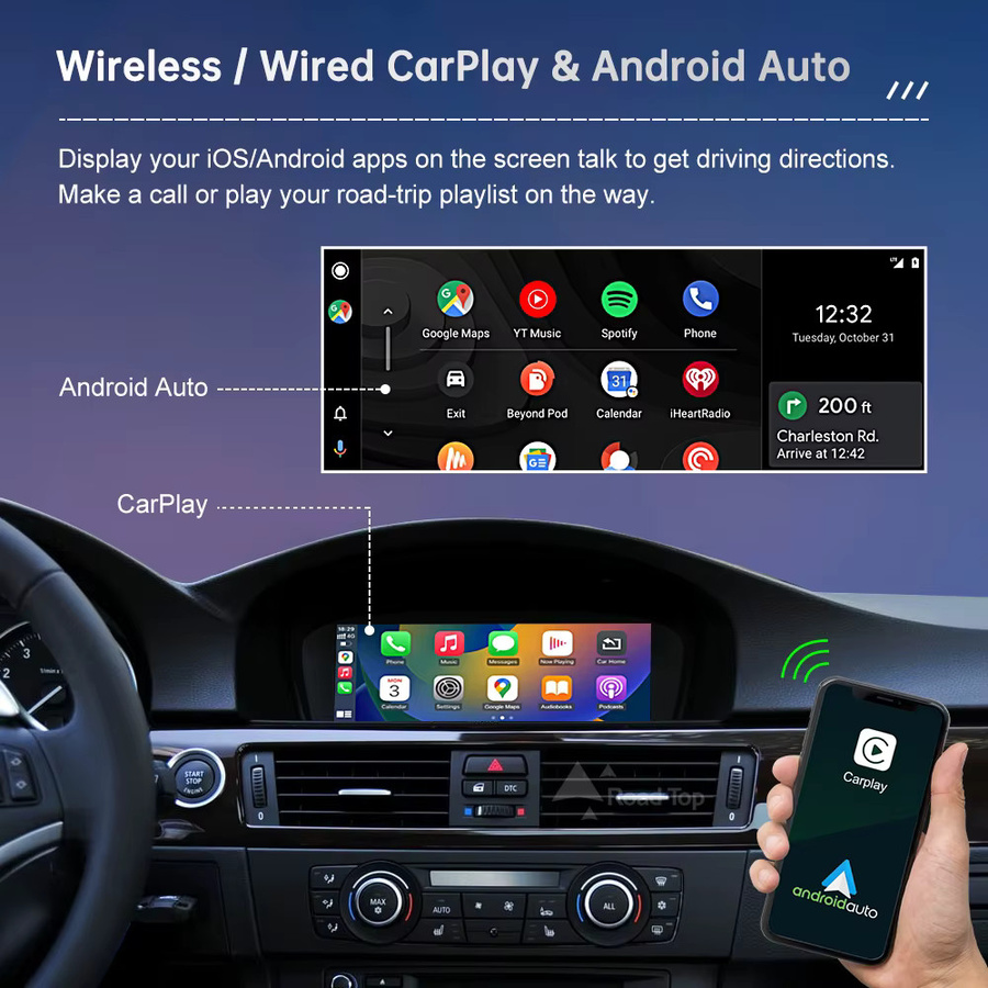 Road Top Wireless CarPlay Touchscreen Multimedia Autoradio für BMW 3er/5er Serie E90/E91/E92/E93 E60 E61 E62 CCC/CIC mit Android Auto in Schwarz - Bild 3