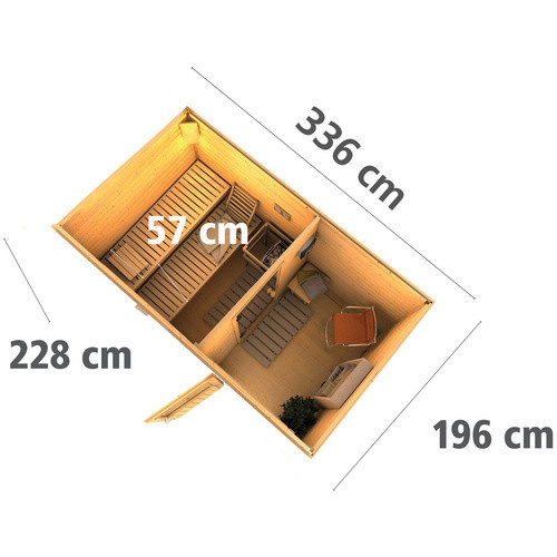 KARIBU Saunahaus Schwanenburg 1 aus Fichtenholz in Beige mit 9 kW Bio-Kombi-Ofen und externer Steuerung, B/T/H: 337 x 196 x 228 cm - Bild 2