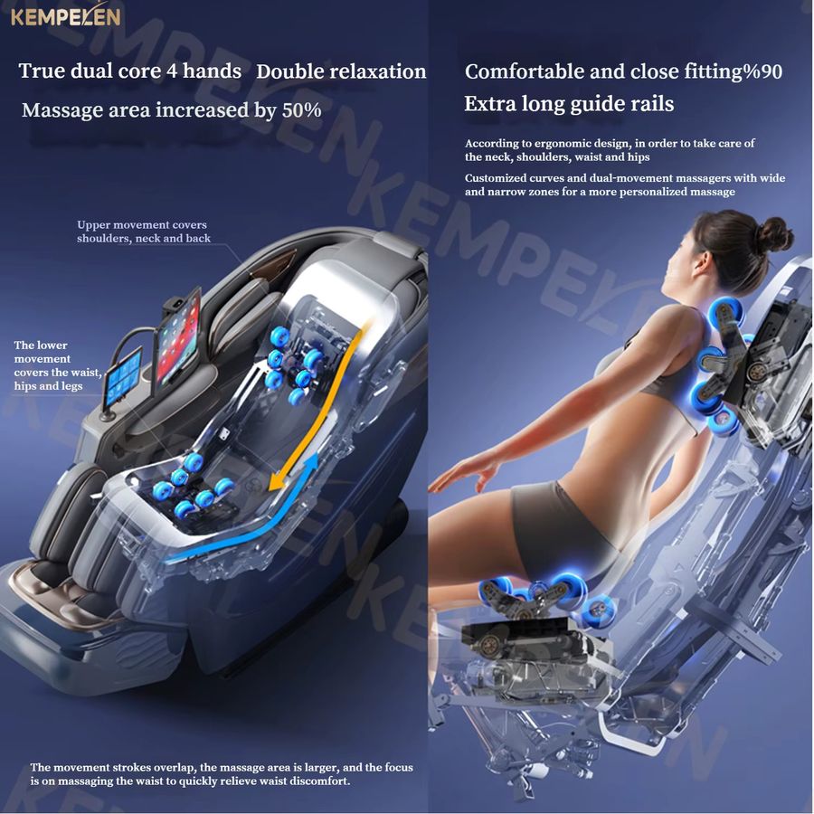 KEMPELEN Massagesessel in Blau mit Dual-Core 6D Massage, 6-Hand Synchronisierte Therapie, 152cm SL-Schiene, Graphen-Heizung und Null-Schwerkraft-Funktion - Bild 3