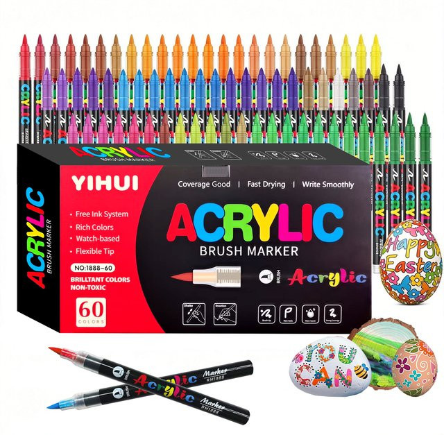 Acrylmarker Set mit flexibler Pinselspitze auf Wasserbasis in 60 Farben für Felsmalerei und Metallgewebe - Bild 1