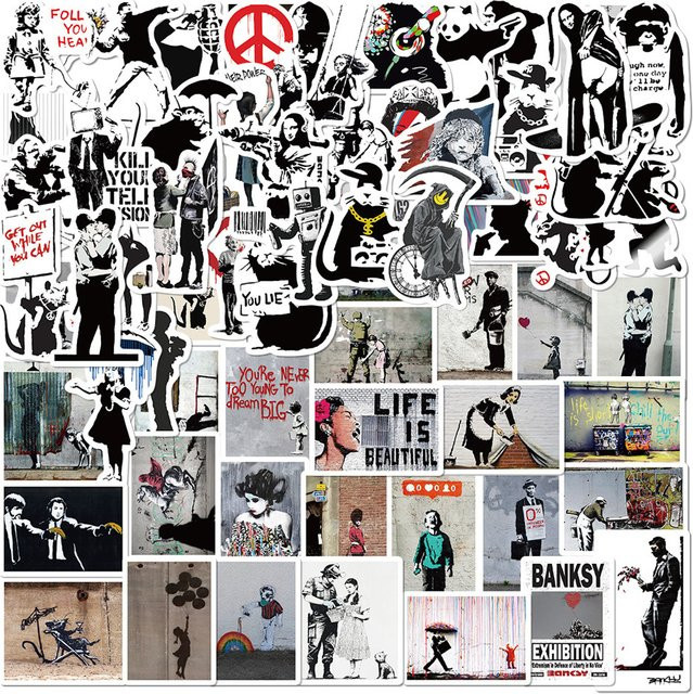 67 Stück Banksy Skulpturen Blumenwerfer Aufkleber im Street Art Graffiti Design, Multicolor, für Laptop, Skateboard und Handy - Bild 1