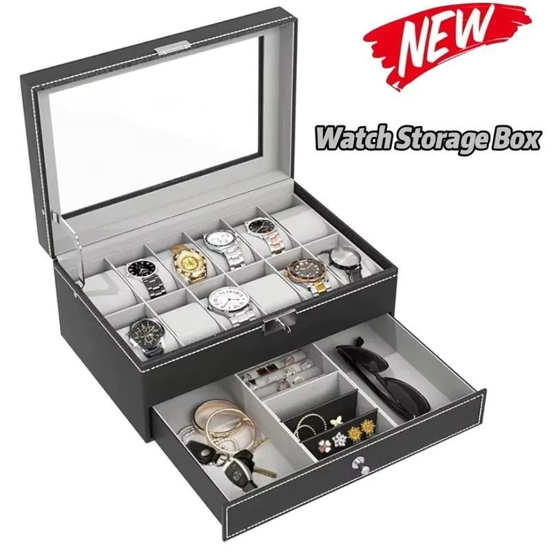 OAKCHARM Uhren-Aufbewahrungsbox aus Leder mit 12 Fächern und 2 Ebenen, abschließbares Schmuck-Display-Etui für Herren und Damen in Schwarz Beige - Bild 2