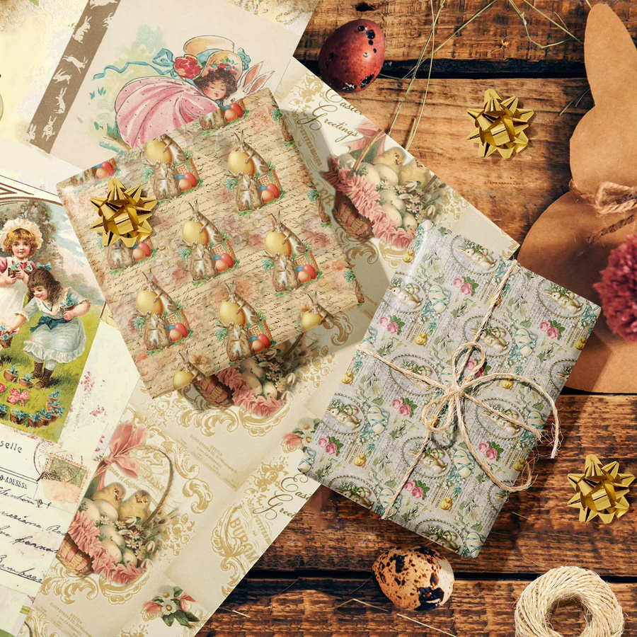 12 Stück Vintage Geschenkpapier mit Ostermuster Hasen und Eier in Mehrfarbig - Bild 2