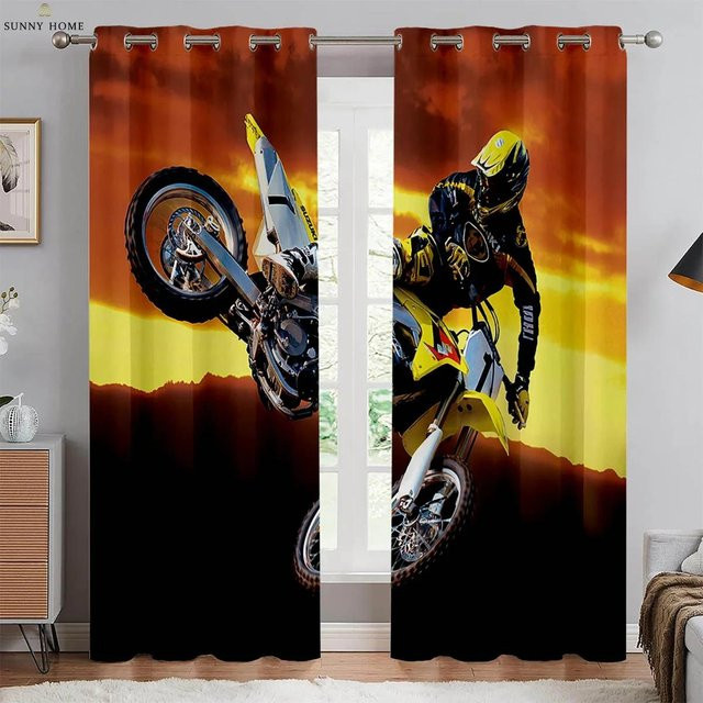 Motorrad 3D-Druck Vorhänge aus Polyester mit Grafik-Design, 2er-Set, Mehrfarbig, Breite: 50 cm, Höhe: 140 cm - Bild 1