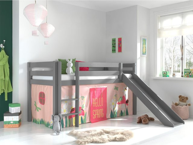 Spielbett Pino aus massivem Kiefer mit Rutsche und Textilset Vorhang in Grau - Bild 1