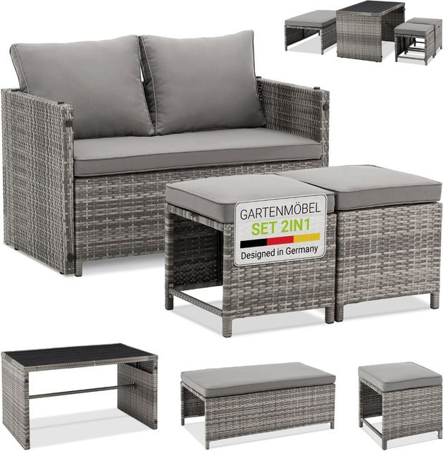 Juskys 2in1 Polyrattan Relax Gartenmöbel Set Jamaika in Grau Meliert mit Tisch, Bank, Hockern und Polstern - Bild 1