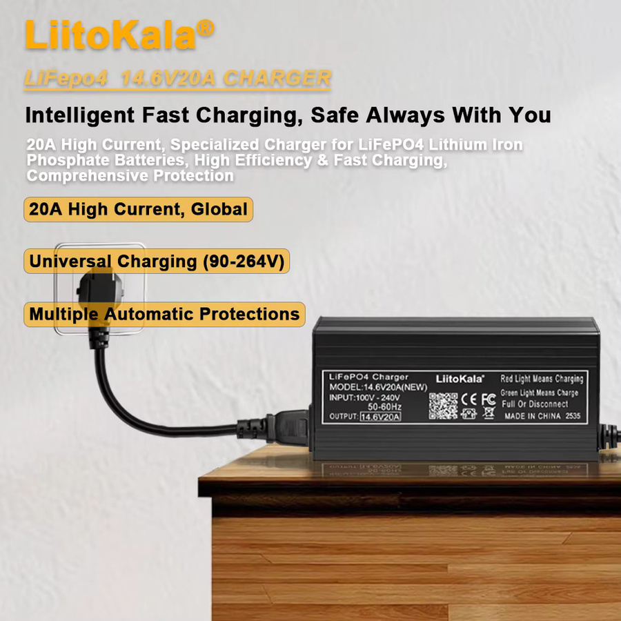 Liitokala LiFePO4-Batterieladegerät 14,6V 20A mit 4S 12V Klemmadapter und Barrel-Plug, Schwarz - Bild 2