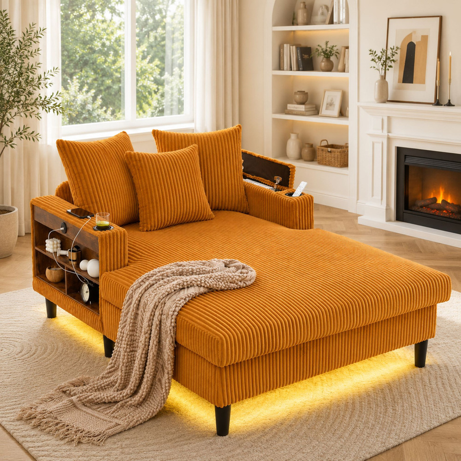 GOMYWAY Home Multifunktionale Cord-Chaiselongue in Gelb mit beidseitigen Getränkehaltern und klappbarer Armlehne, B/T/H: 129 x 170 x 70 cm - Bild 2