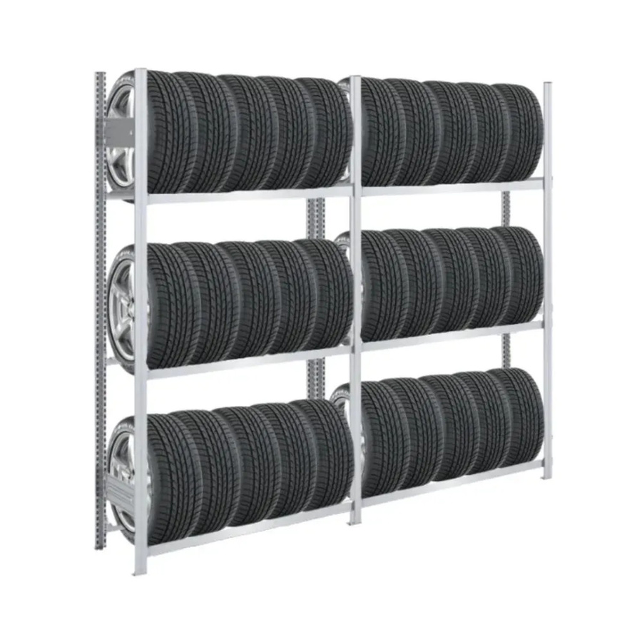 PROREGAL Tire Pro Reifenregal aus verzinktem Stahl in Silber, H x B x T: 200 x 200 x 43 cm, 3 Ebenen mit verstellbaren Regalböden und 150 kg Fachlast - Bild 2