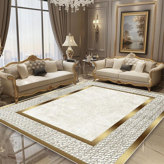 Karpetti Luxusteppich im europäischen Stil mit goldenem Rahmen, rutschfest und maschinell gewebt, Farbe Gold/Weiß, B: 80 cm, L: 160 cm - Bild 1