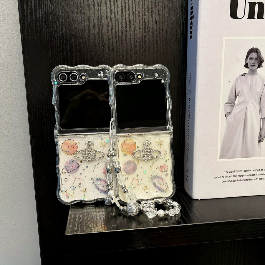 Transparente Silikon-Handyhülle mit Epoxidharz und Glitzer-Sternen für Samsung Galaxy Z Flip 6, 5, 4 und 3 inklusive Kettenriemen - Bild 2