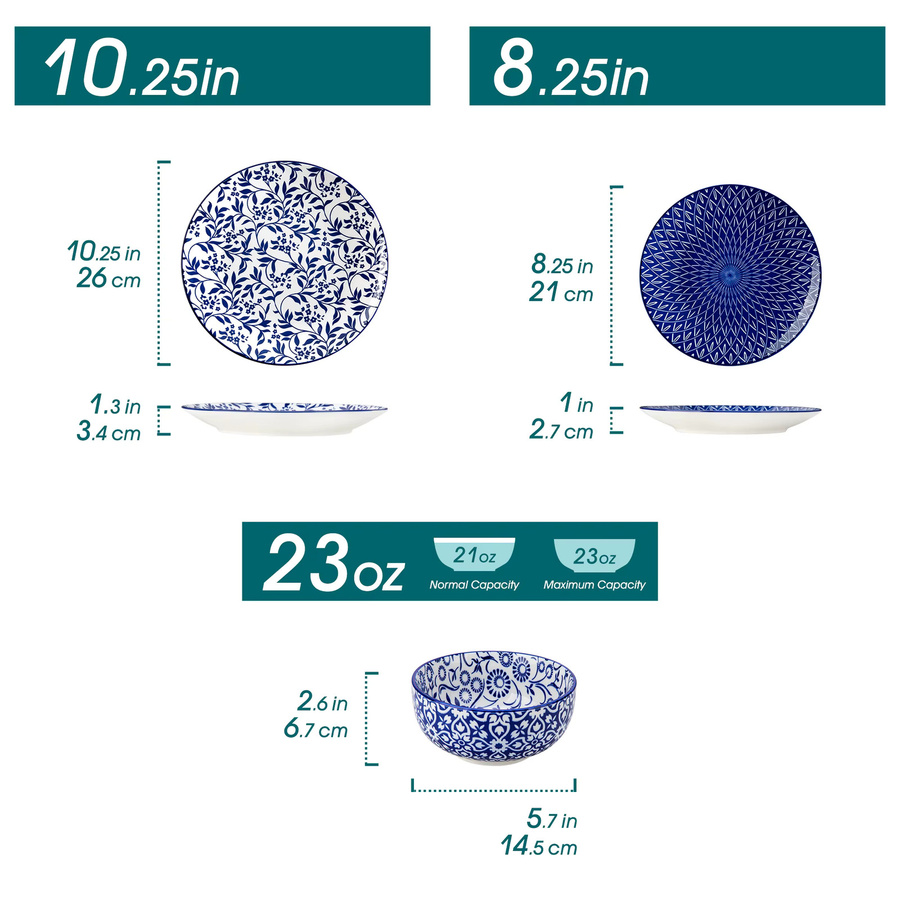 vancasso Porzellan Geschirr-Set Blau-Weiß mit Speisetellern, Desserttellern und Cerealschüsseln - Bild 2